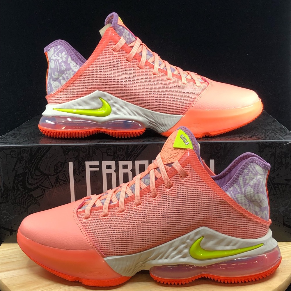 Nike LeBron 19 Low Shoes "Aloha" Crimson Bliss Atomic Green DQ8344-600 Men's NEW
